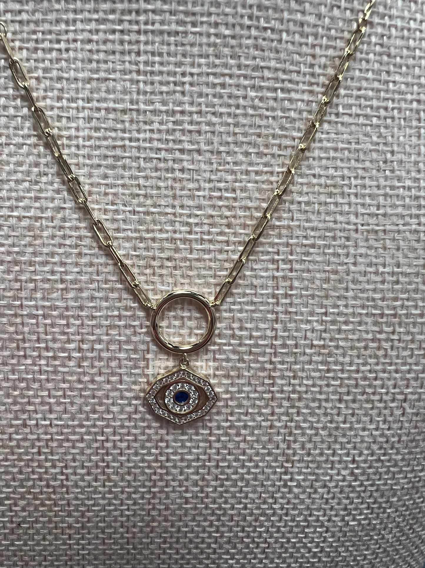 14K Gold CZ Evil Necklace w/ Ring Detail Paperclip Necklace