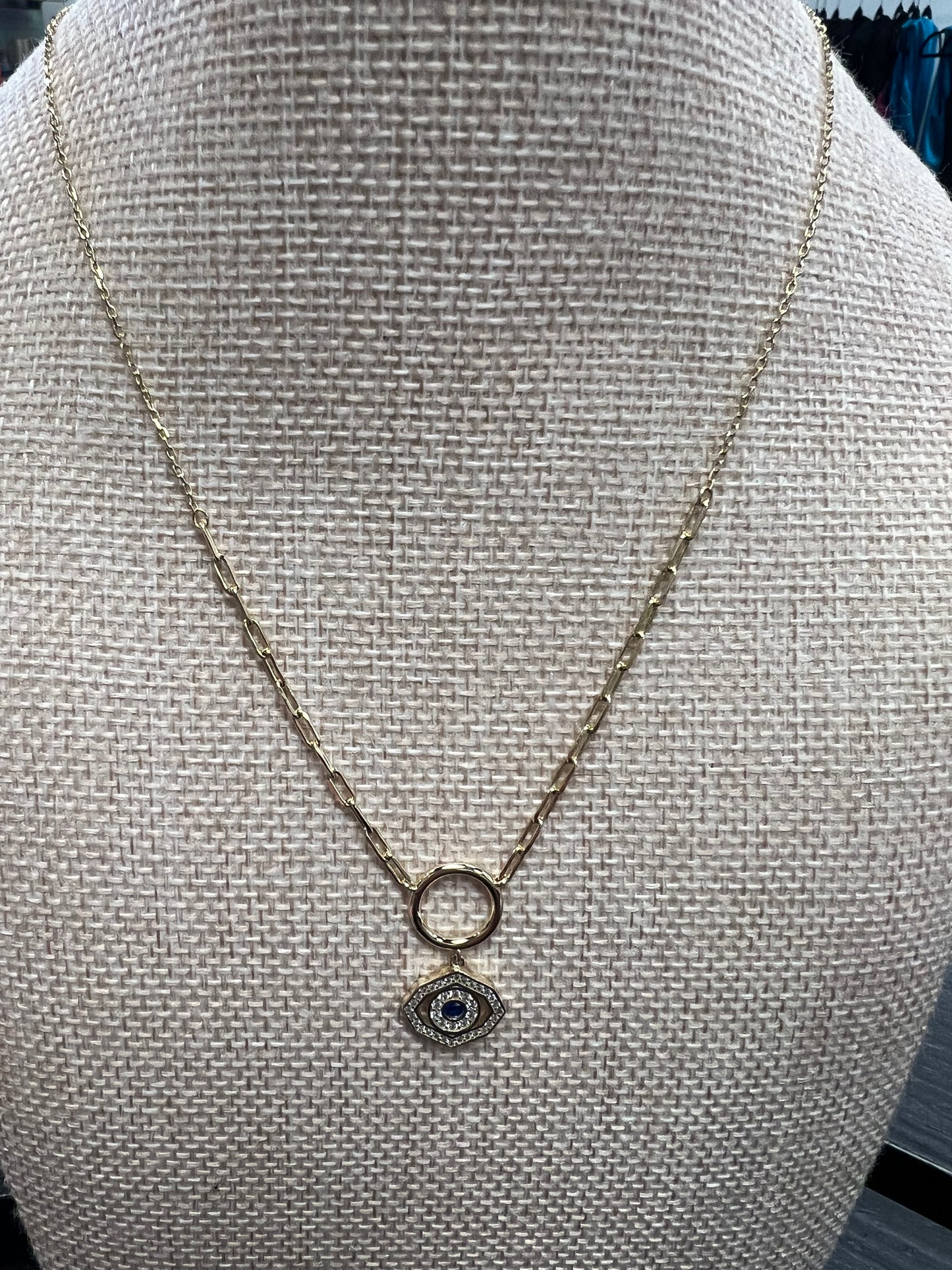 14K Gold CZ Evil Necklace w/ Ring Detail Paperclip Necklace