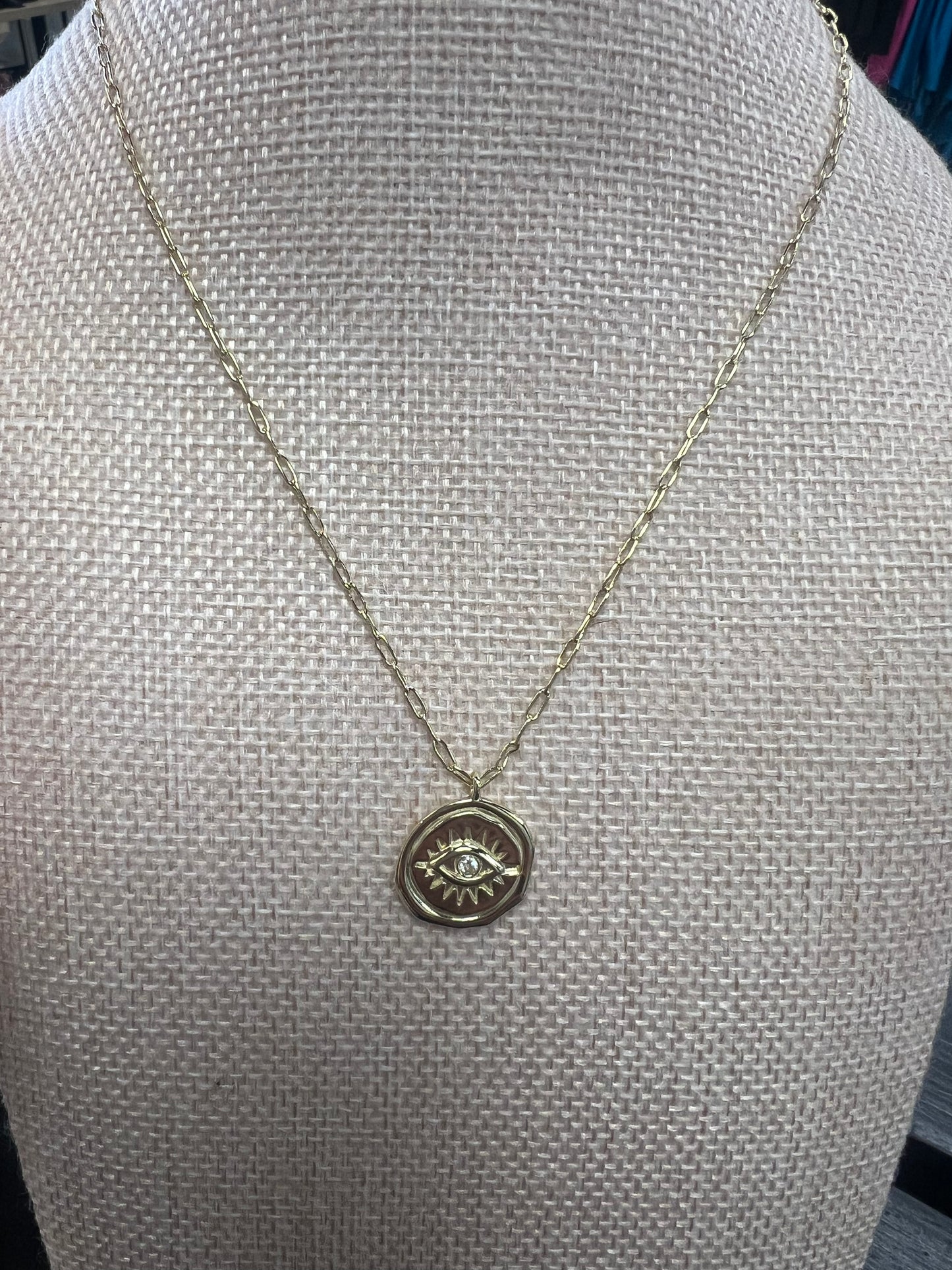 14k Gold Plated Evil Eye "Protect" Coin Necklace