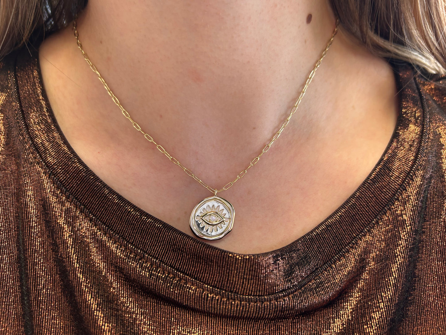 14k Plated Gold CZ Evil Eye Necklace w/ Ring Detail Paperclip