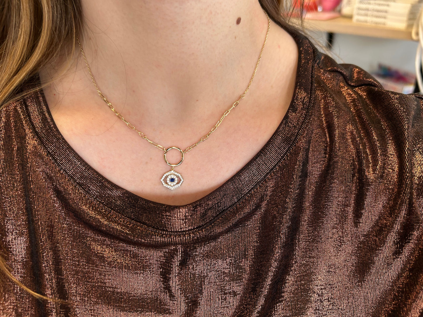 14K Gold CZ Evil Necklace w/ Ring Detail Paperclip Necklace