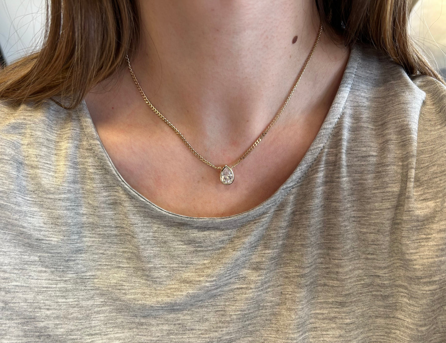 14k Plated Gold Curb Chain Necklace w/ Single Pear CZ