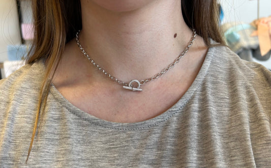 Silver Short Necklace w/ CZ Toggle Accent