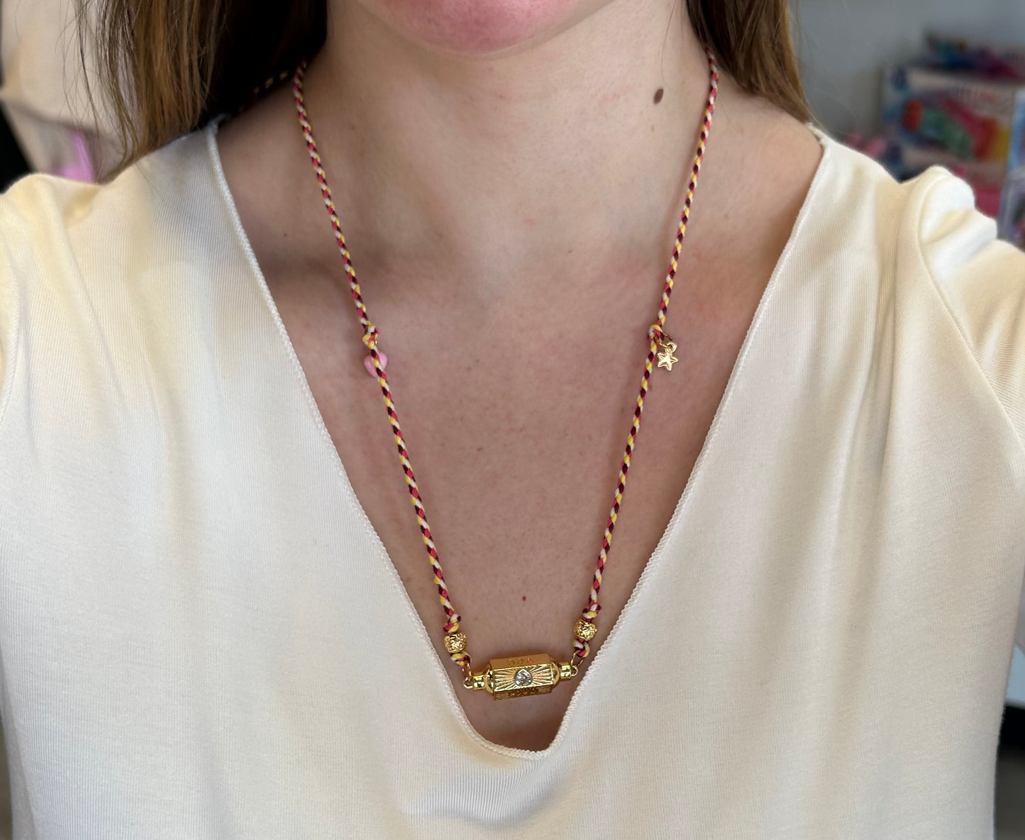 Maroon/Yellow Braided String Necklace w/ Charms