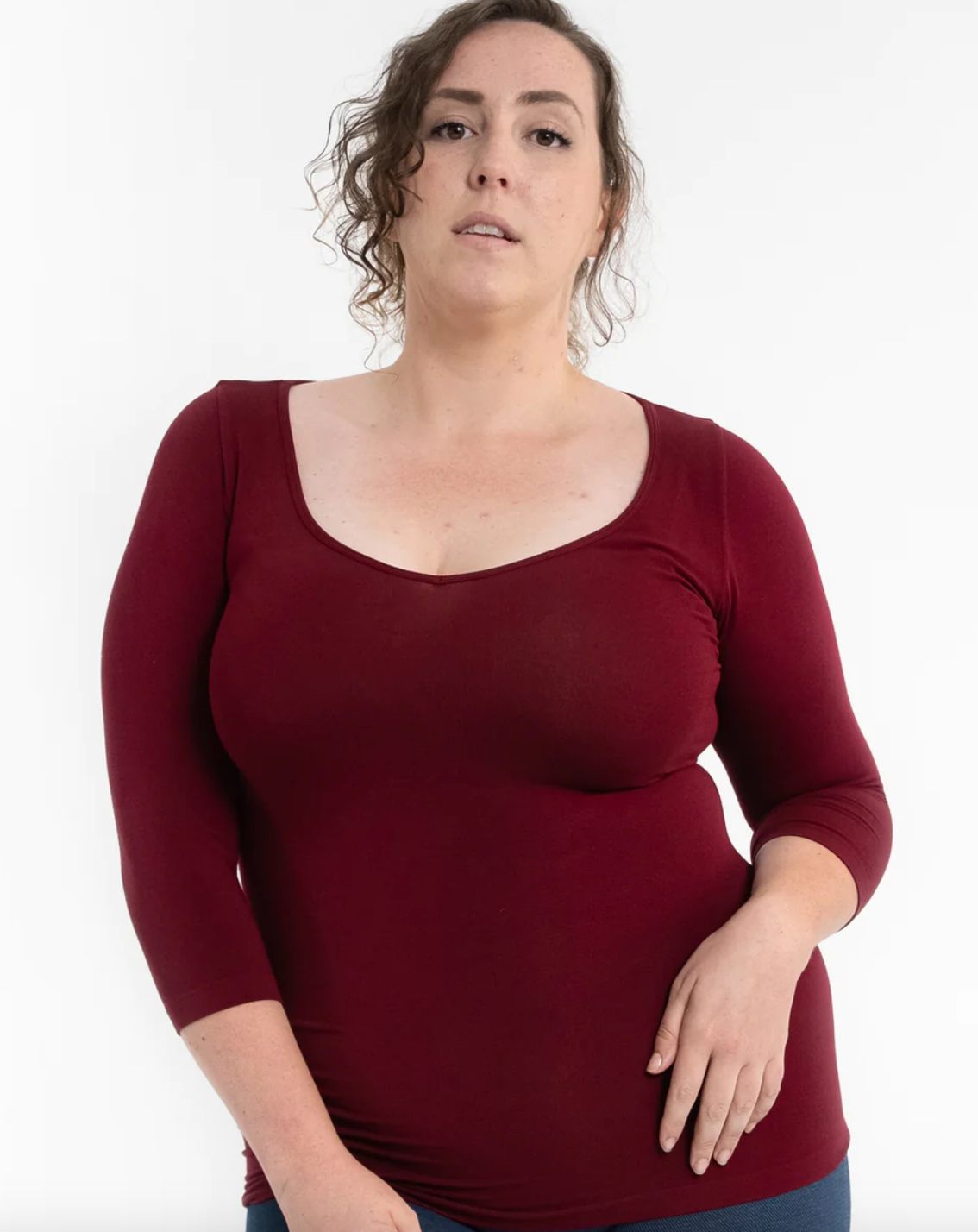 Burgundy Reversible V-Neck/Boat Neck Top 3/4 Slv