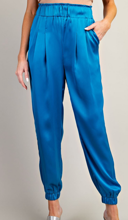 Blue Satin Pleated Joggers