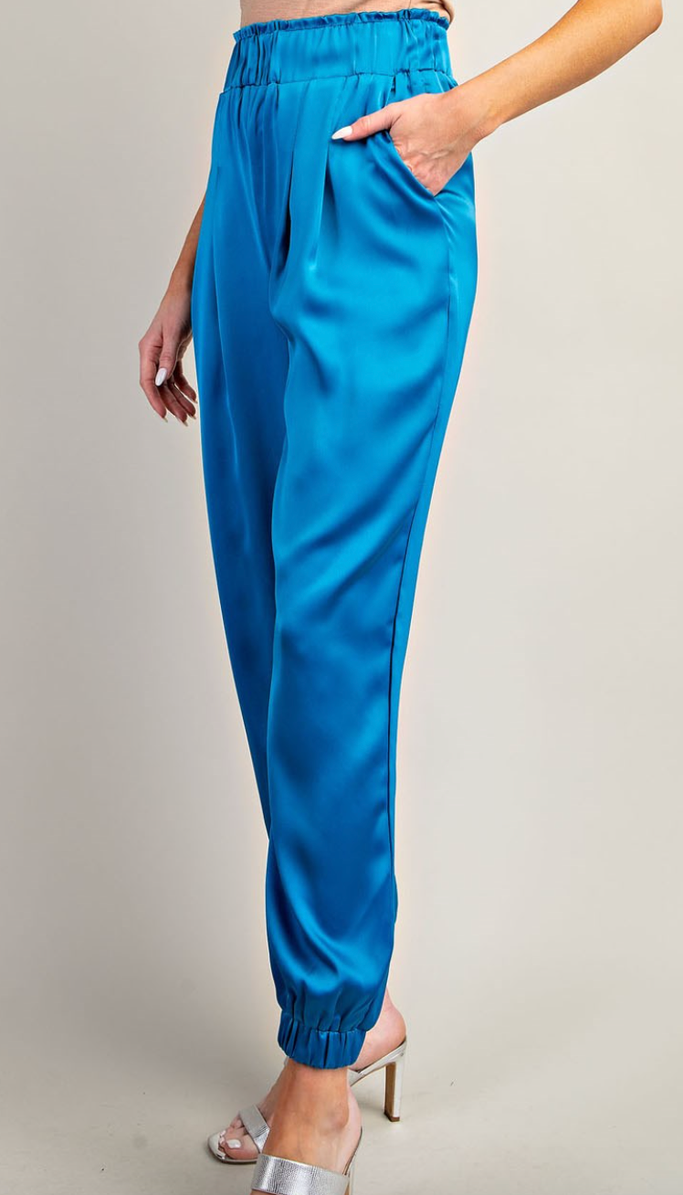 Blue Satin Pleated Joggers
