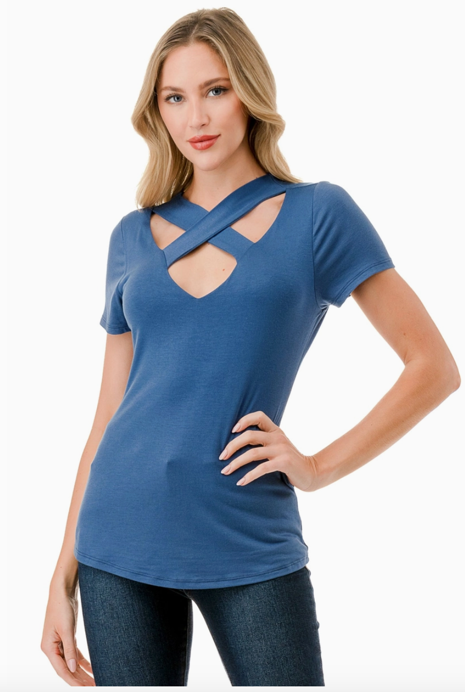 Indigo Cross Cap Sleeve Top