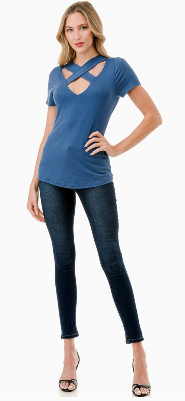 Indigo Cross Cap Sleeve Top