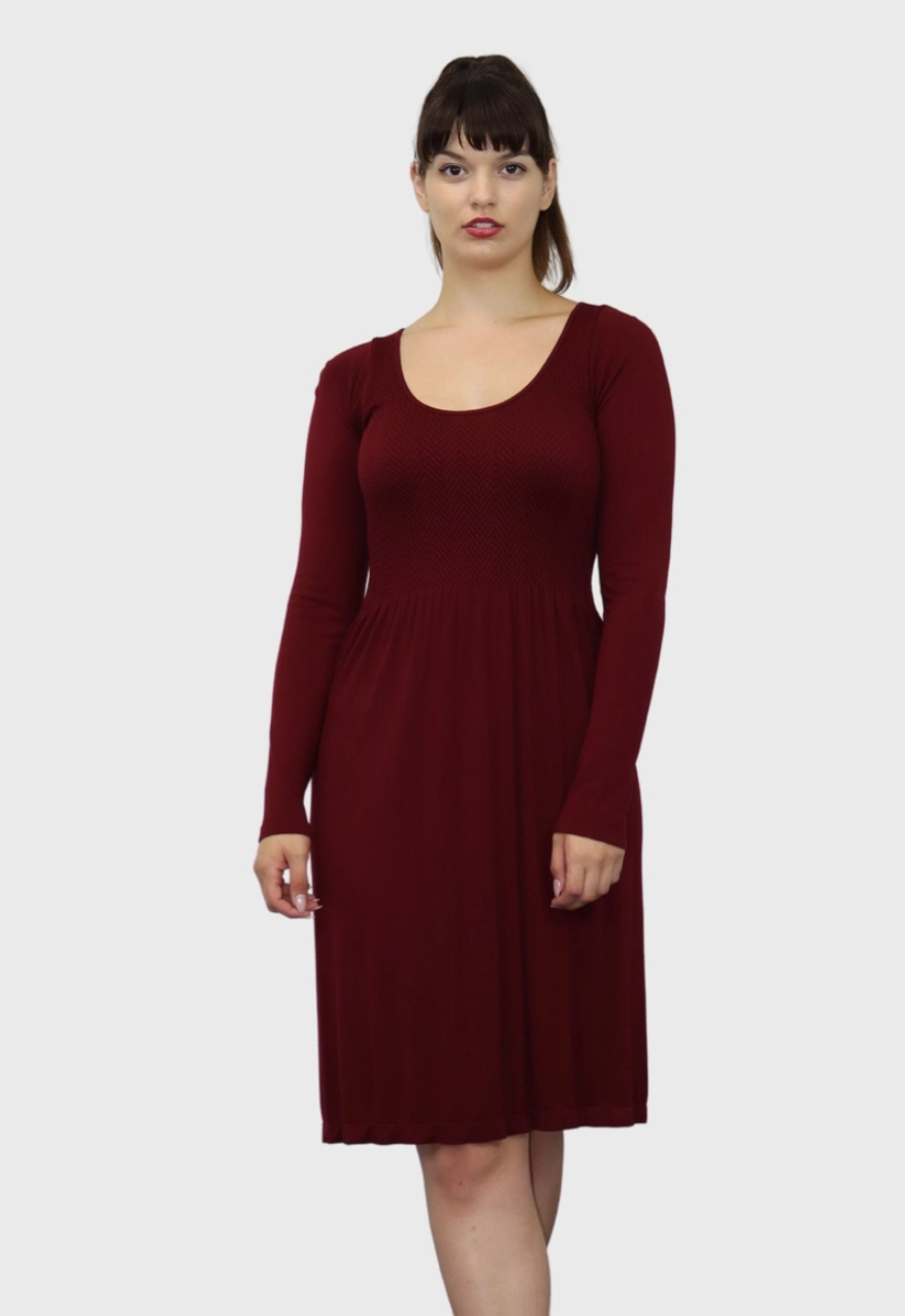 Burgundy Knee Length Long Sleeve Dress