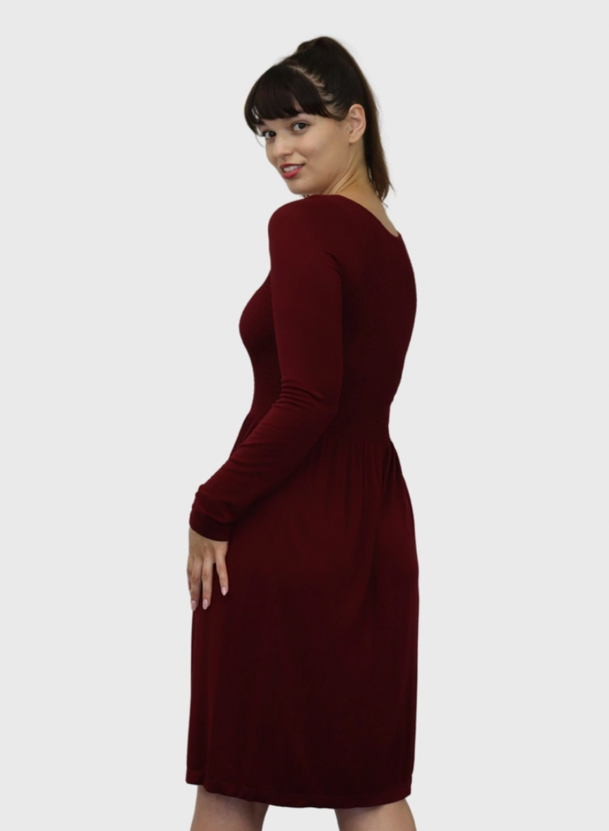 Burgundy Knee Length Long Sleeve Dress