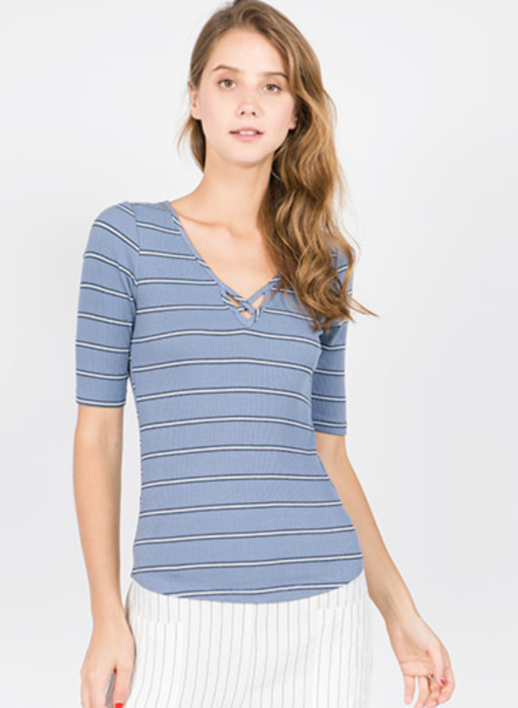 Blue/Black Stripe Rib Top with Over Lap Binding Neck