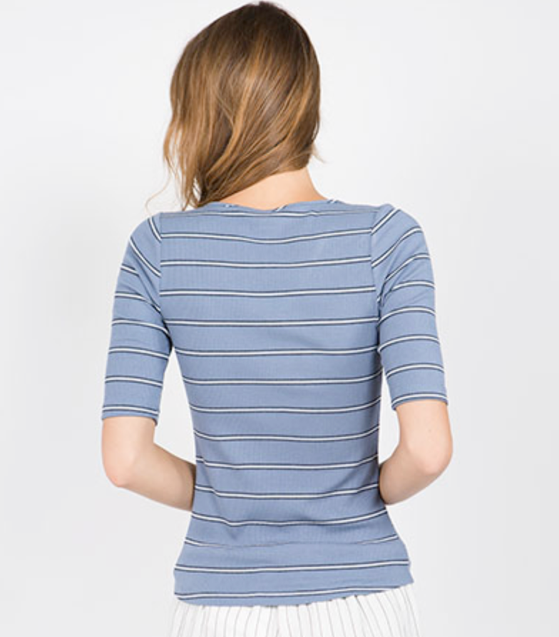 Blue/Black Stripe Rib Top with Over Lap Binding Neck