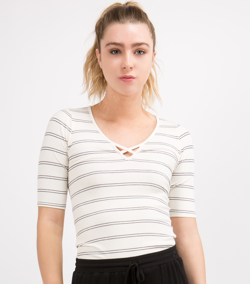 Ivory/Black Stripe Rib Top with Over Lap Binding Neck
