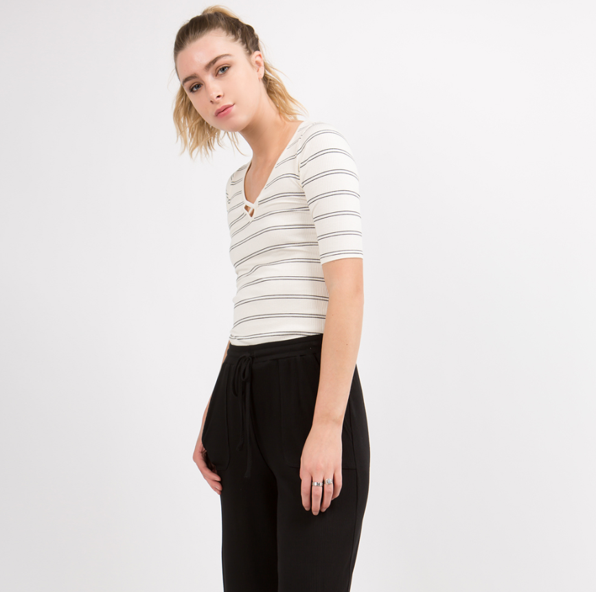 Ivory/Black Stripe Rib Top with Over Lap Binding Neck