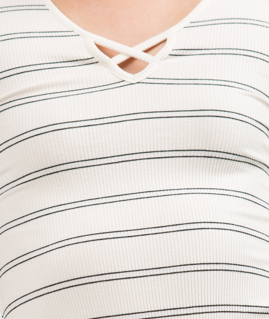 Ivory/Black Stripe Rib Top with Over Lap Binding Neck