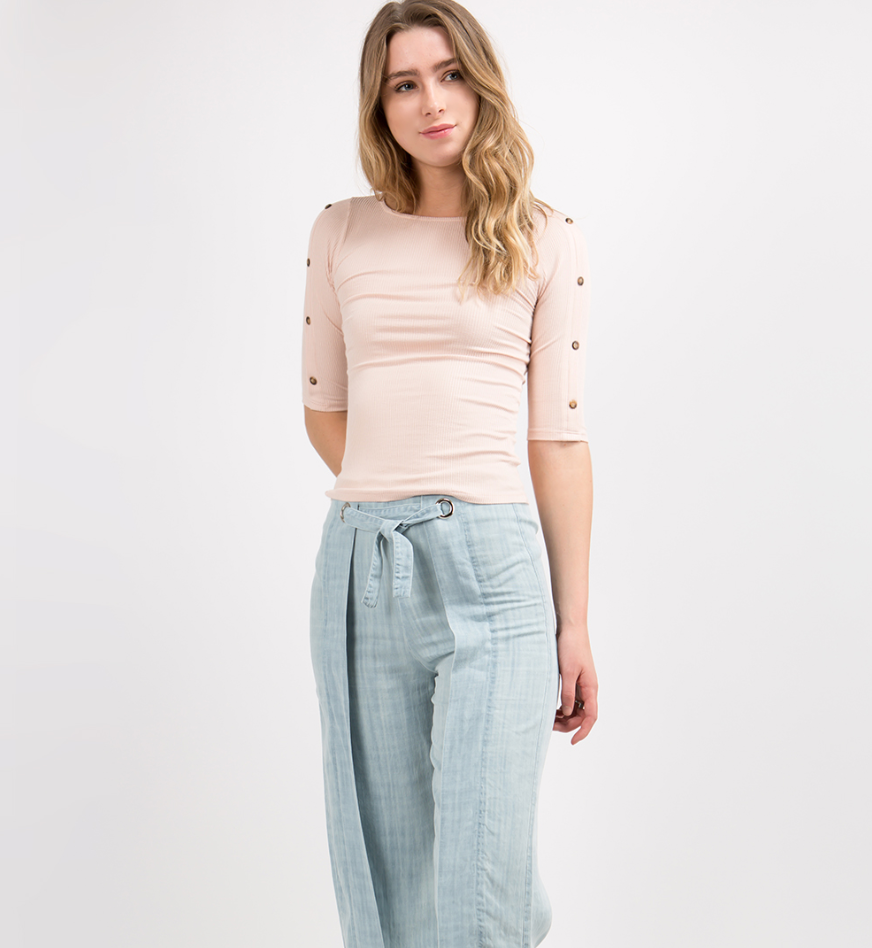 Mauve Solid Rib Top with Button Detail Sleeve