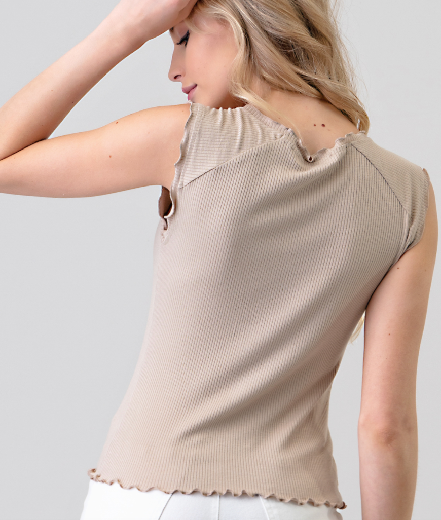 Taupe Button Down Lettuce Hem Ribbed Tank