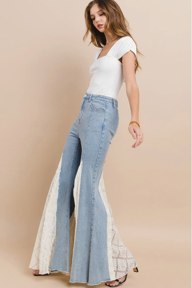Light Denim WIde Leg With Lace Insert