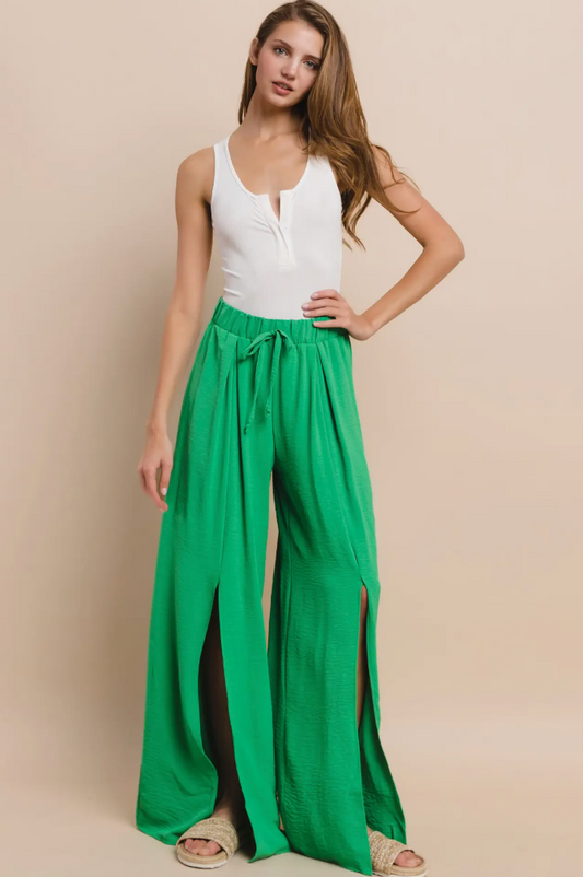 Kelly Green Crepe Pants with Front Slits