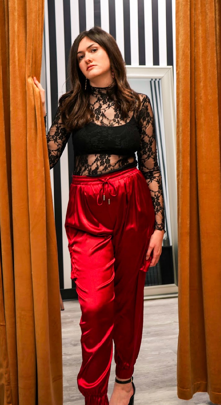 Black Lace Mock Neck Long Sleeve Top