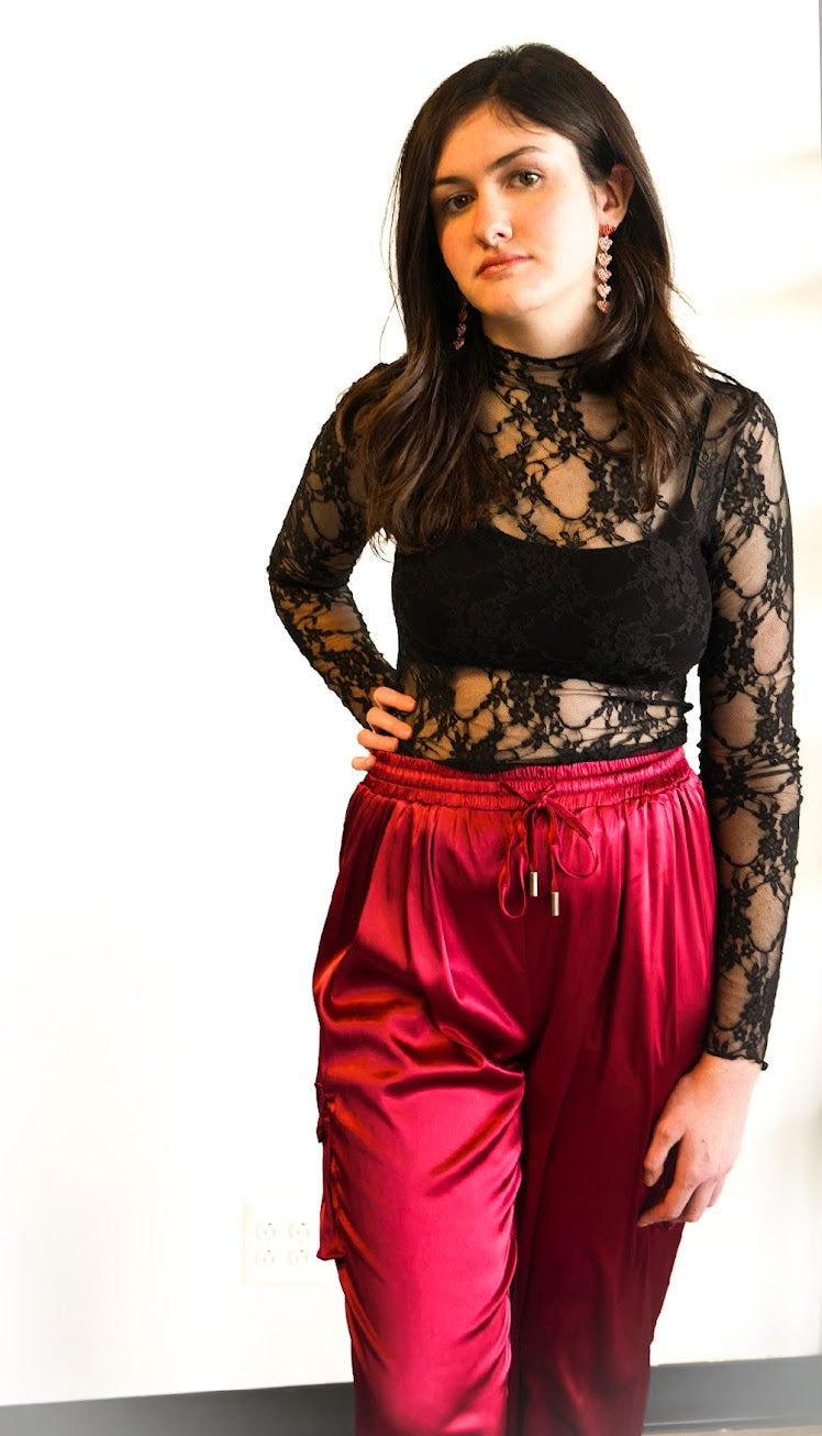 Black Lace Mock Neck Long Sleeve Top