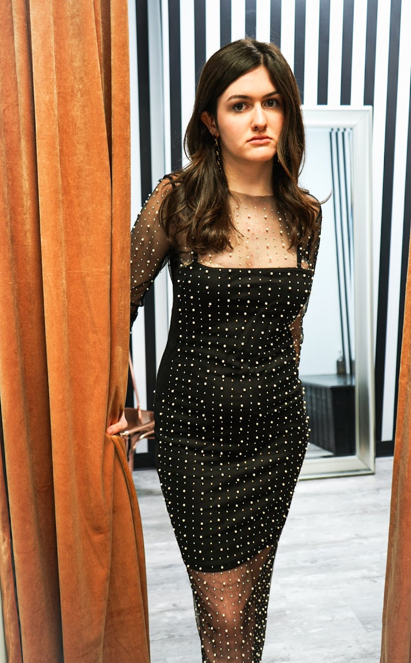 Black Mesh Pearl Rhinestone Dress
