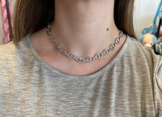 Silver Large Link Necklace w/ Double Link CZ Detail