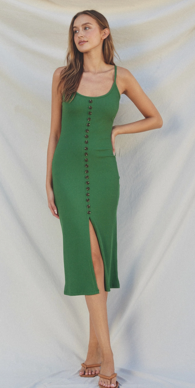 Ibiza Green Button Detail Ribbed Midi Dress