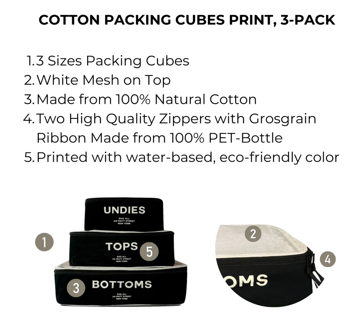 Black Cotton Packing Cubes Set of 3