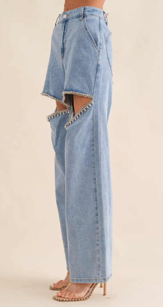 Cut Out Front Rhinestone Washed Denim Jeans