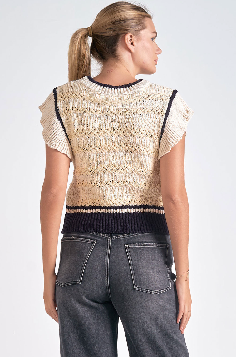 Beige with Blue Cap Sleeve Sweater