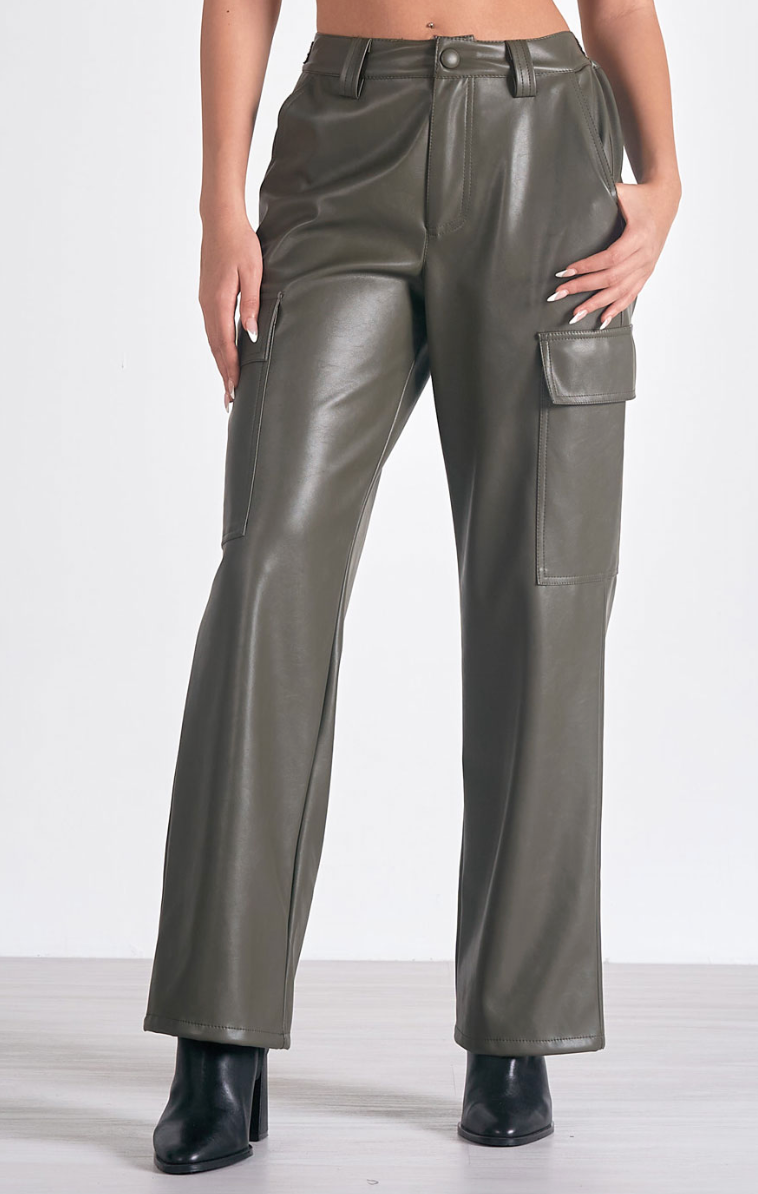 Olive Faux Leather Cargo Bottoms