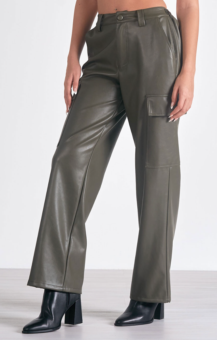 Olive Faux Leather Cargo Bottoms