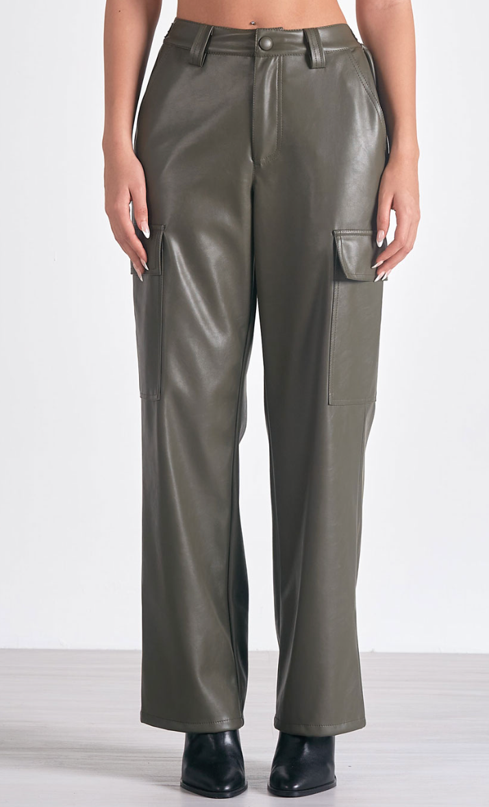 Olive Faux Leather Cargo Bottoms