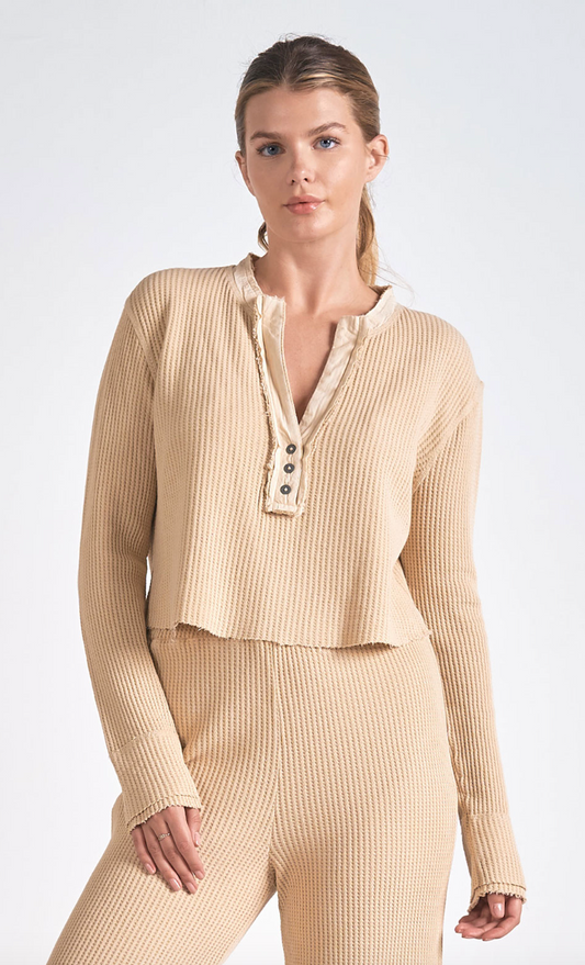 Tan Ribbed Long Sleeve Henley Top