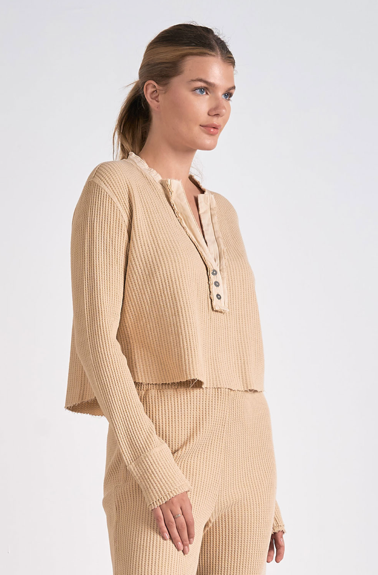 Tan Ribbed Long Sleeve Henley Top