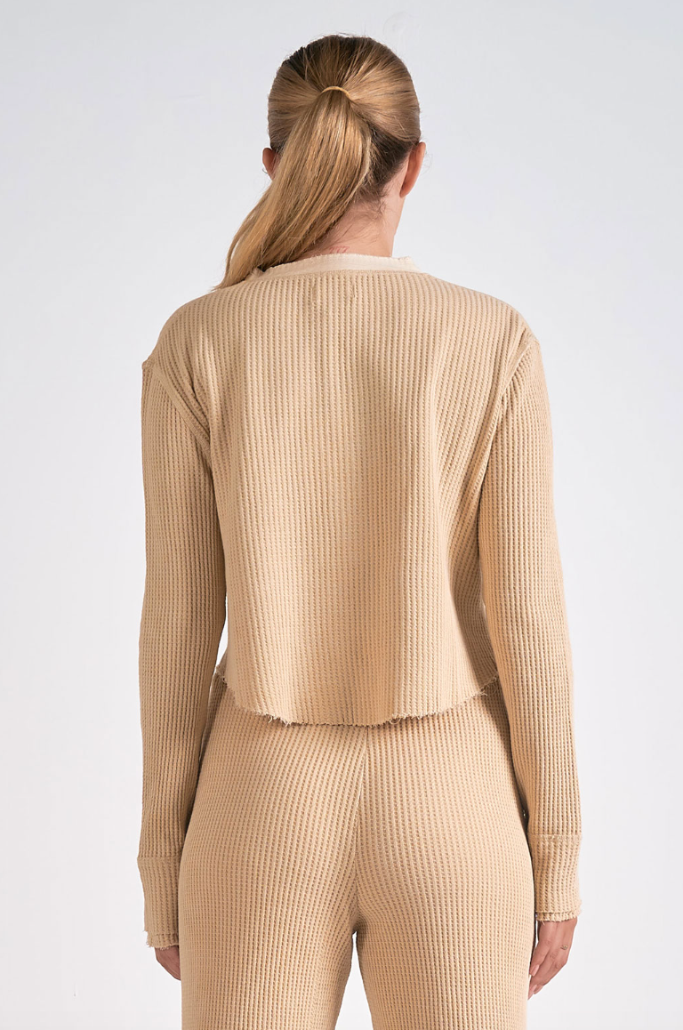 Tan Ribbed Long Sleeve Henley Top