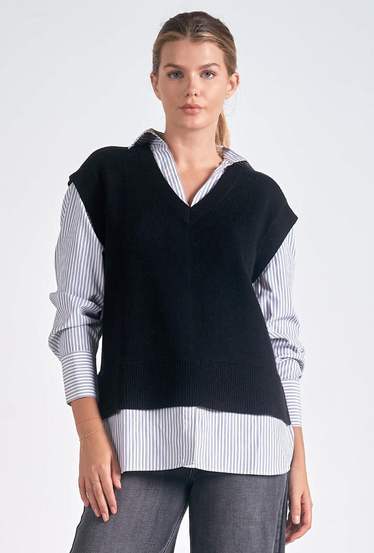 Navy Sweater 2-Fer with Striped Long Slveeve