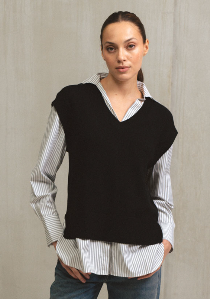 Navy Sweater 2-Fer with Striped Long Slveeve