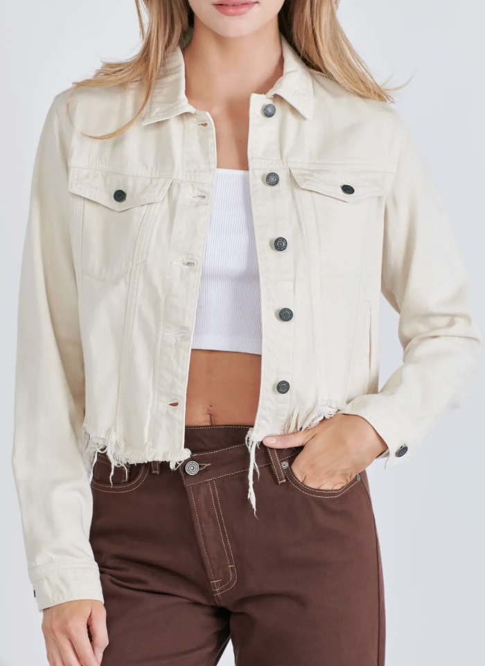 Cream Cropped Frayed Fitted Denim Jacket