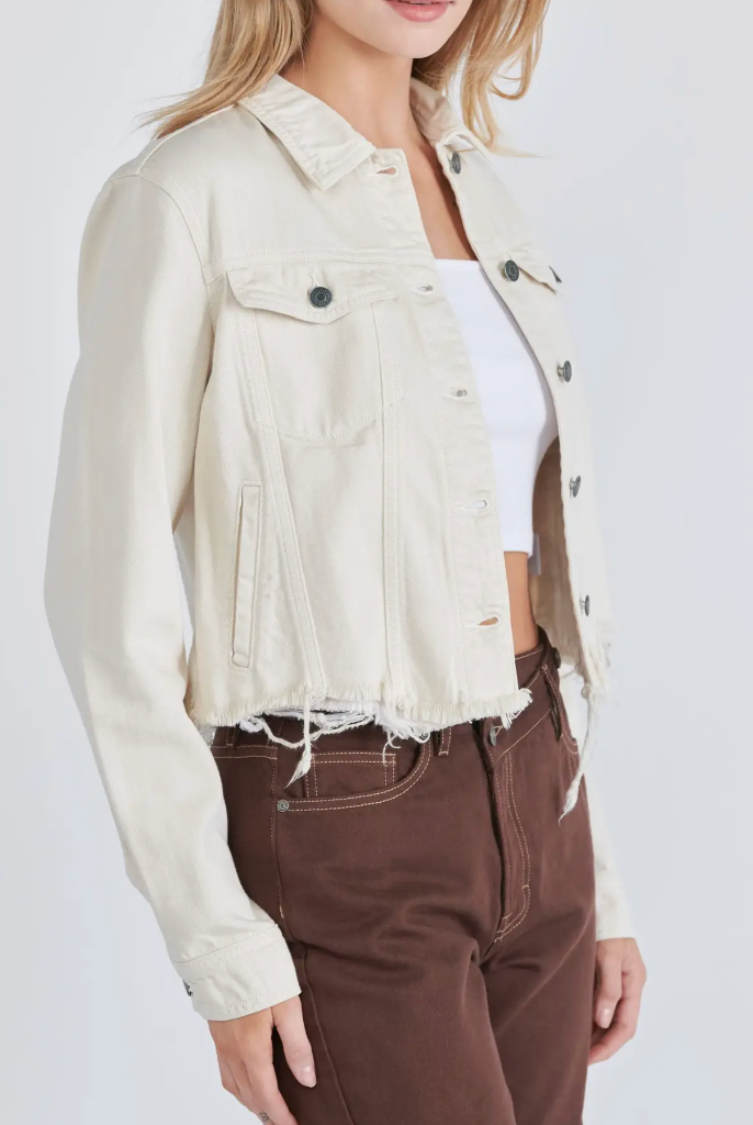 Cream Cropped Frayed Fitted Denim Jacket