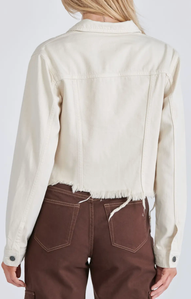 Cream Cropped Frayed Fitted Denim Jacket