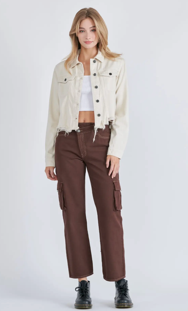 Cream Cropped Frayed Fitted Denim Jacket