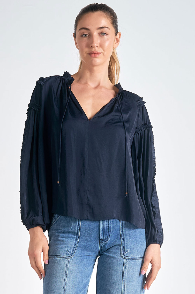 Navy Ruffle Long Sleeve Top