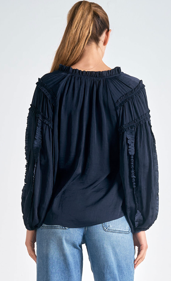 Navy Ruffle Long Sleeve Top