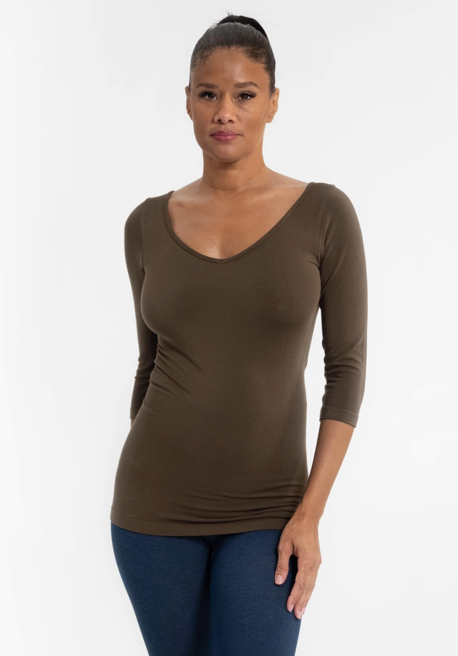 Olive Reversible V-Neck/Boat Neck Top 3/4 Slv