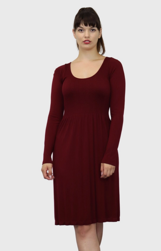 Burgundy Knee Length Long Sleeve Dress