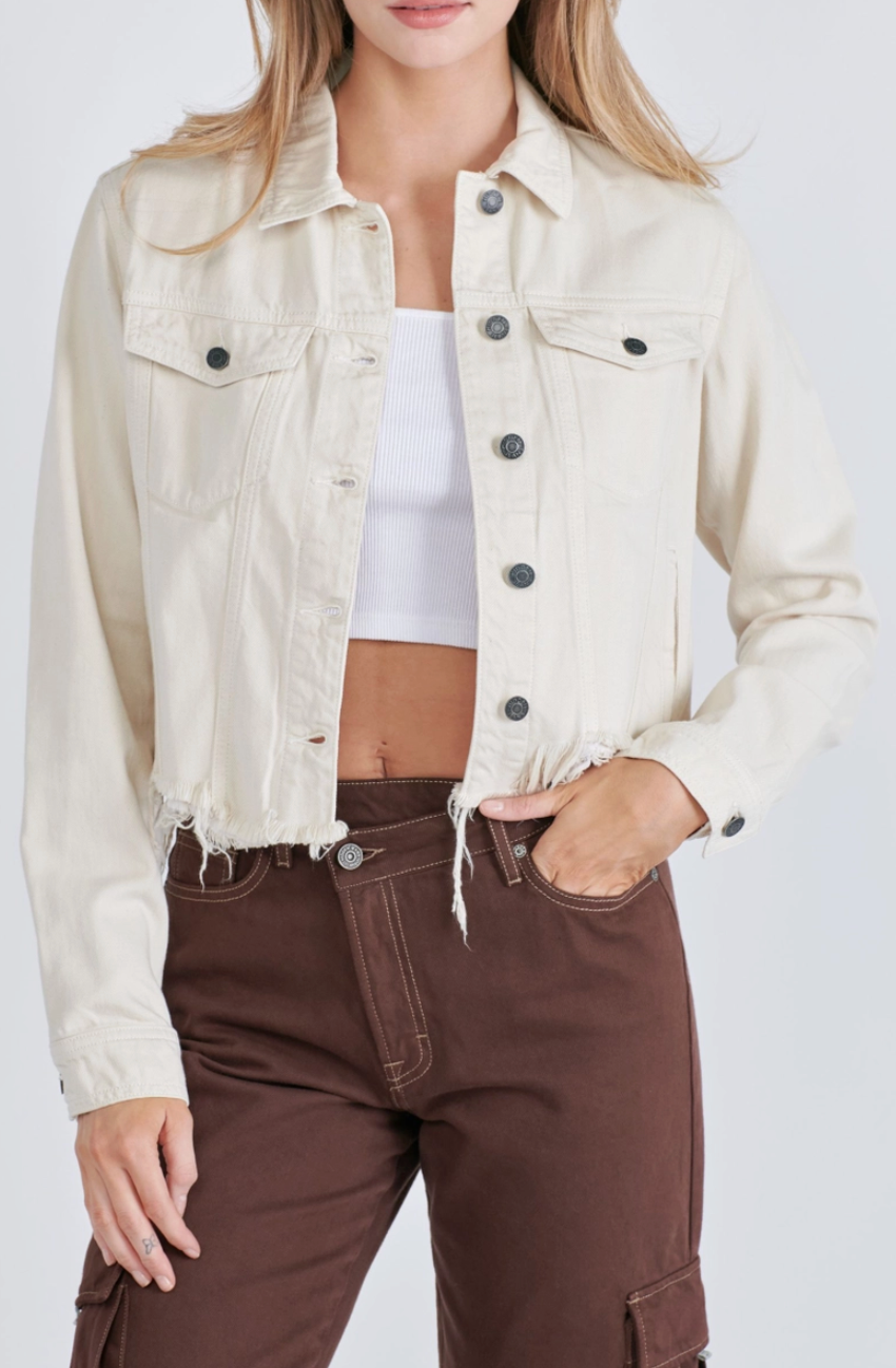 Cream Cropped Frayed Fitted Denim Jacket