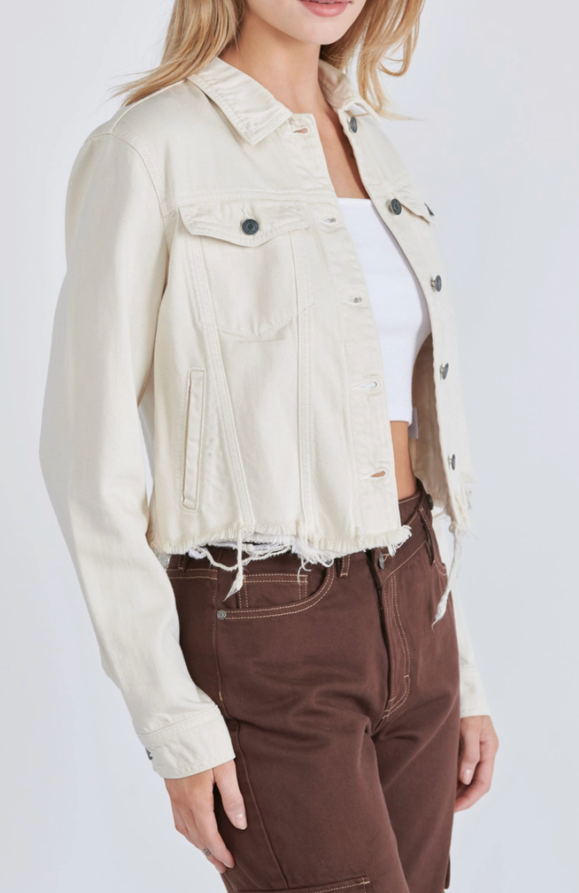 Cream Cropped Frayed Fitted Denim Jacket